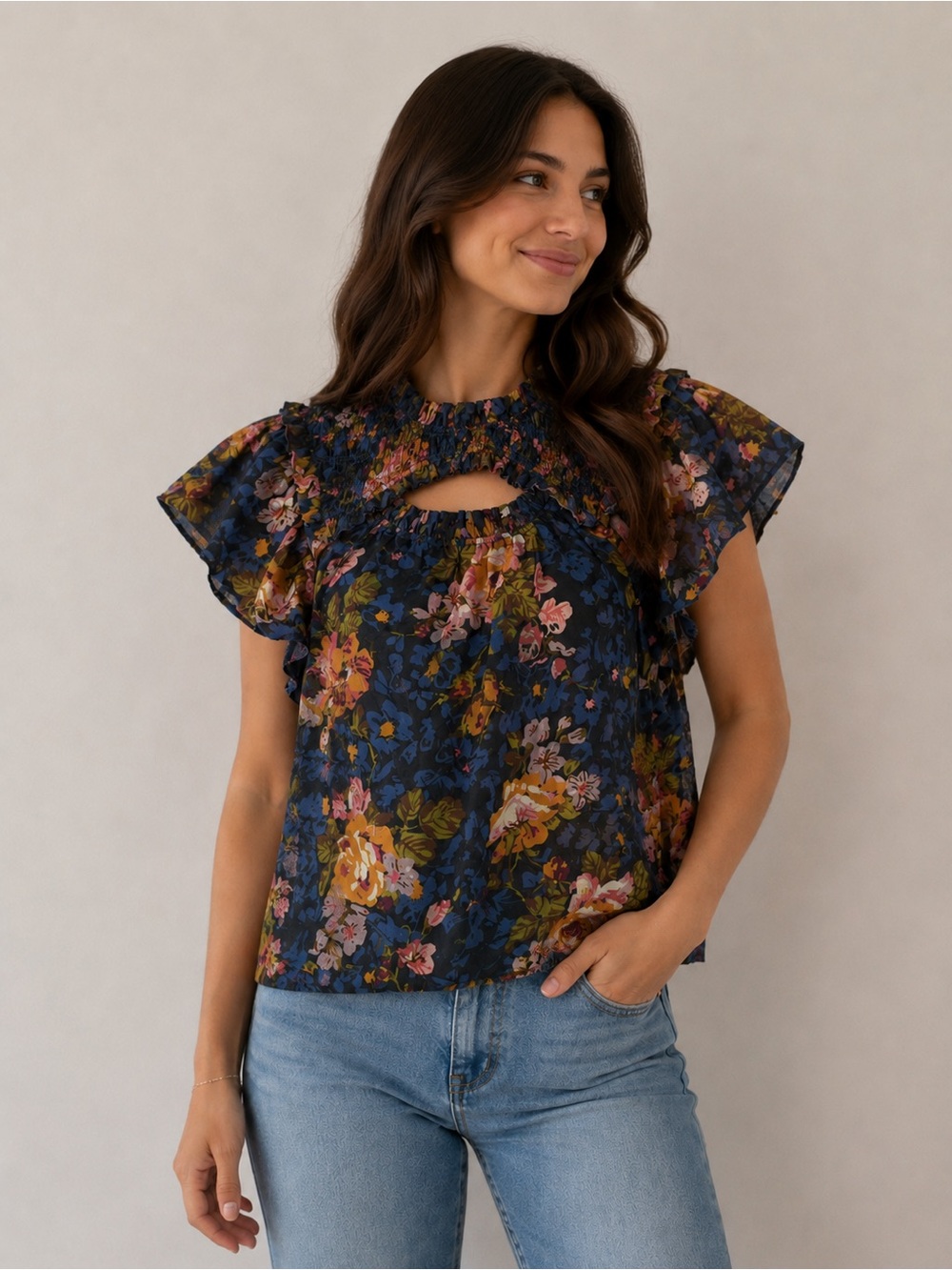 Sea New York Navy Floral Keyhole Ruffle Sleeve Blouse oversized and flowy